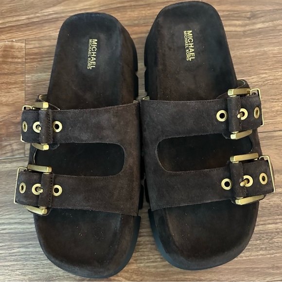 Michael Kors Colby Suede Dark Brown Sandals with Gold Accents - Picture 4 of 6